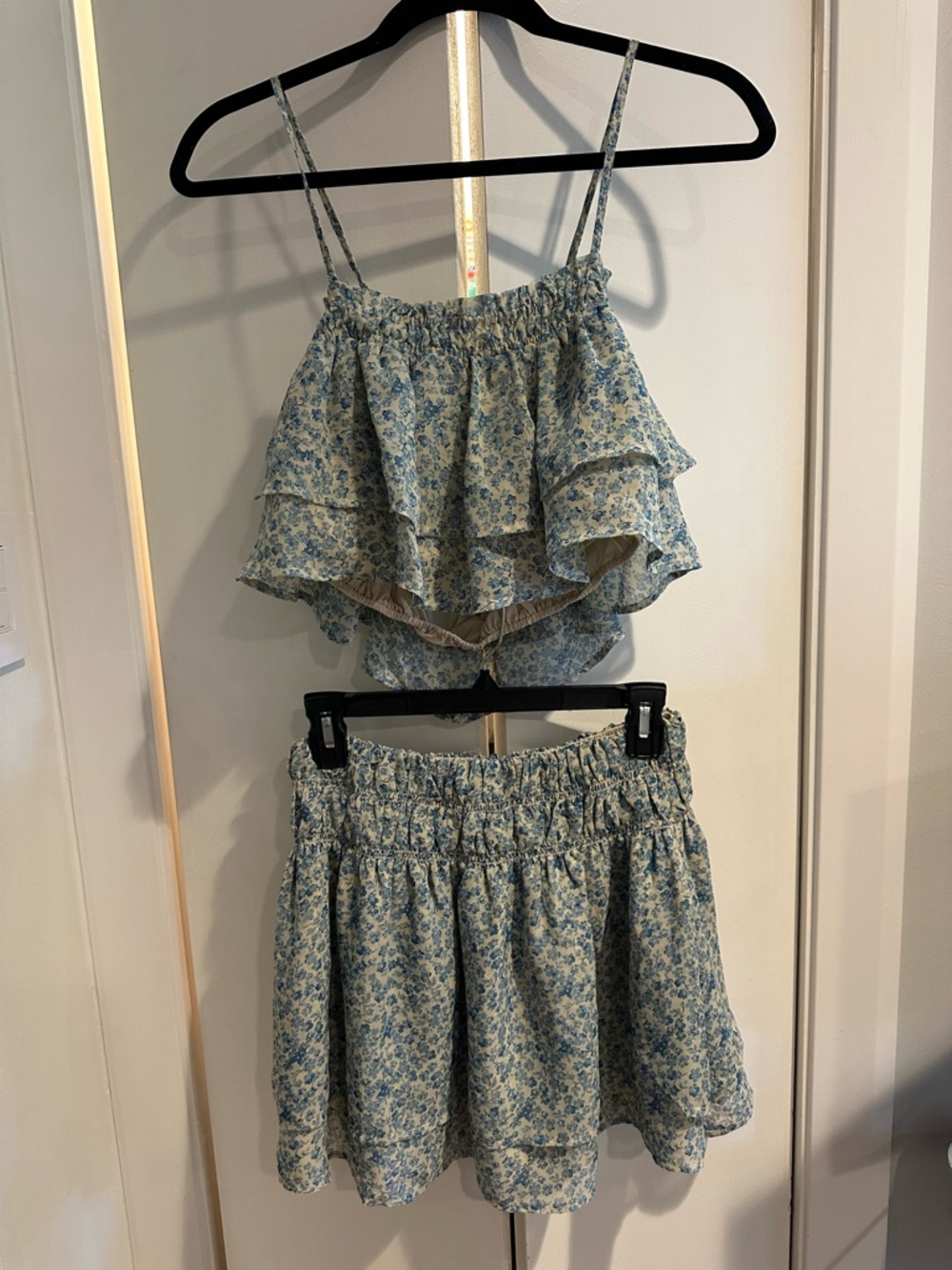 Blue Floral Ruffle Crop Top and Skirt Set